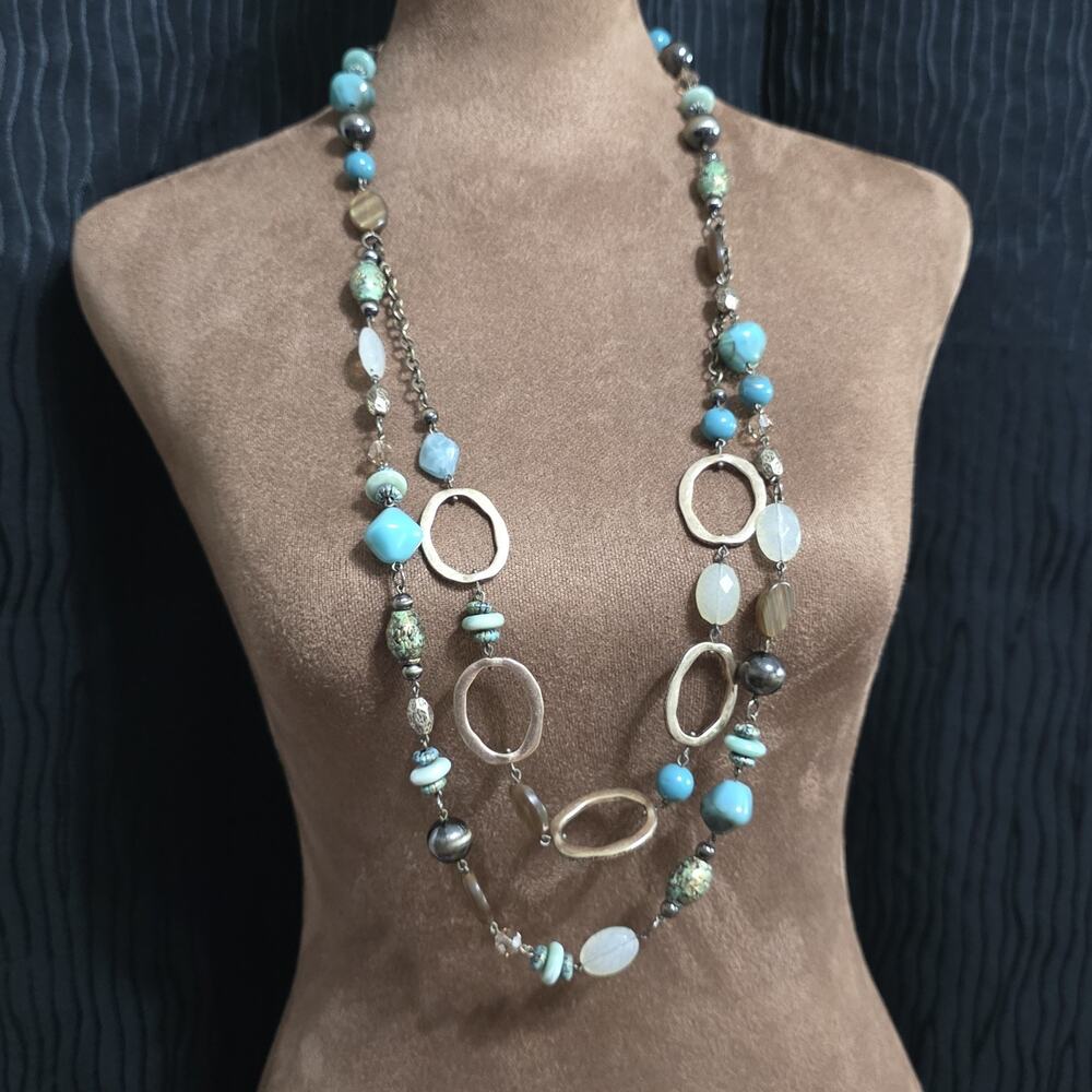 Convertible Multi Strand Beaded Necklace Turquoise Bronze Tone 2 Ways to Wear